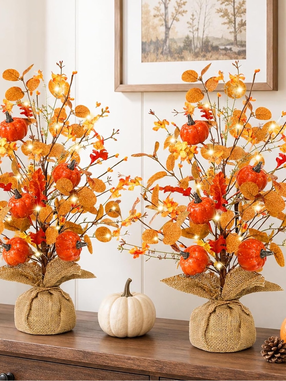 Autumn Orange Pumpkin LED Floral Arrangements Fairy Lights - Home Accents 2 pack